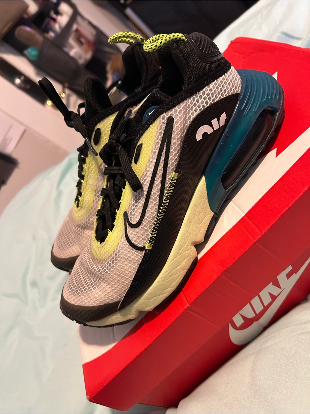 Nike Kids Air Max Sneakers in Black, White, Neon Yellow & Teal